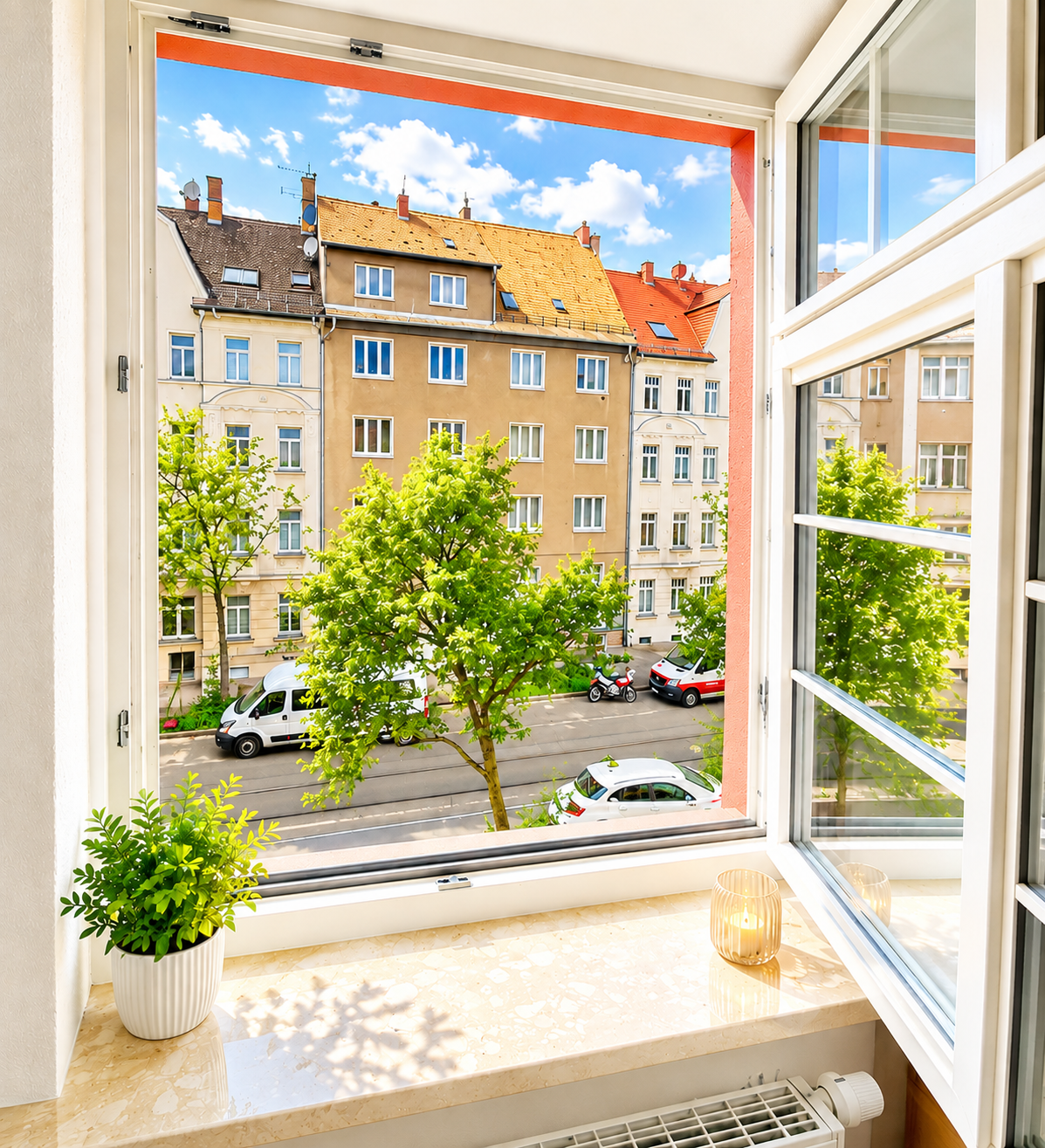 Blick aus dem Fenster auf die begrünte Wohnstraße