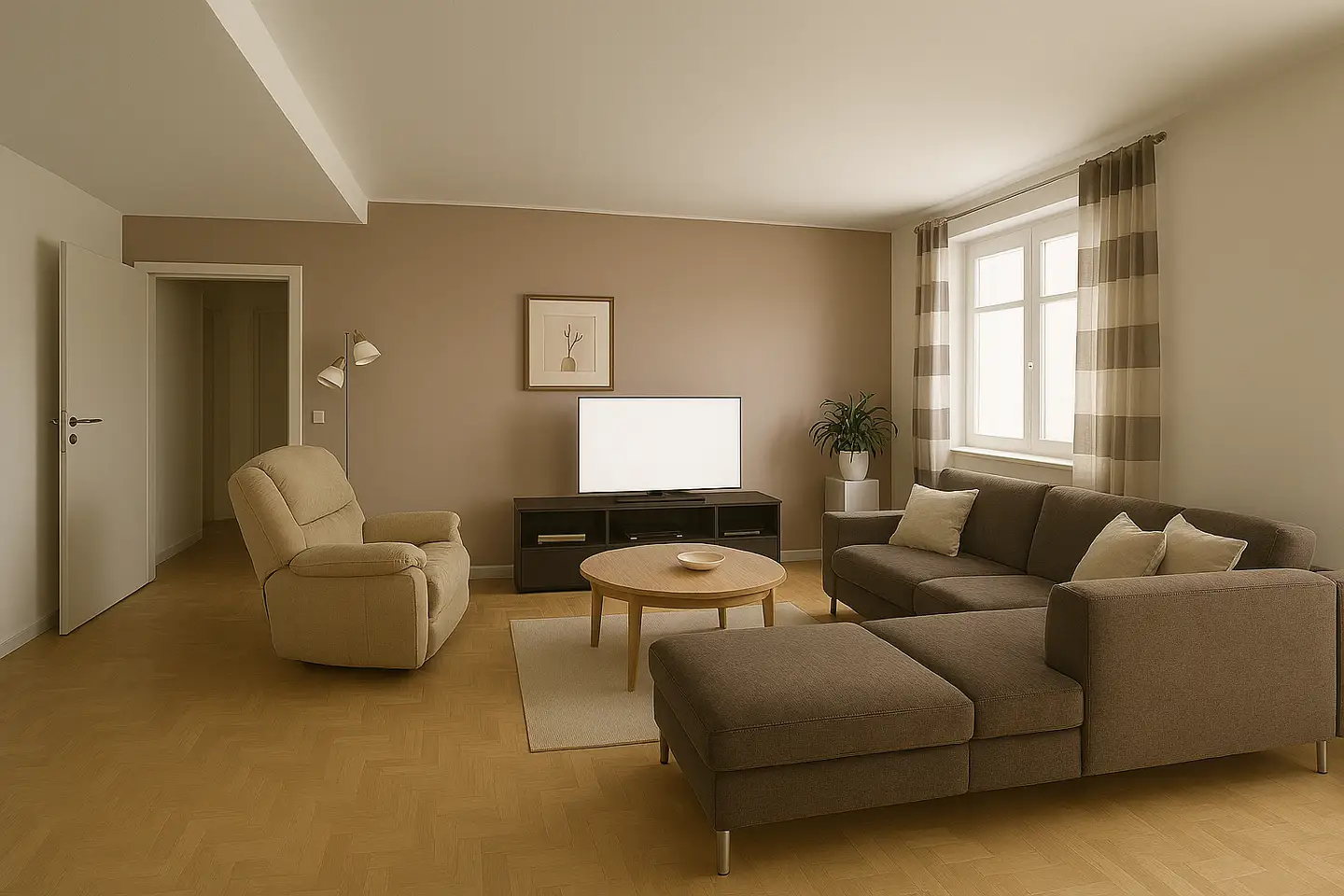 Wohnzimmer der Eigentumswohnung mit Parkettboden