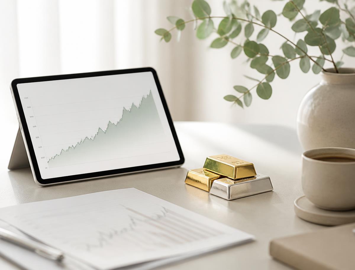 Helle Schreibtischszene mit Tablet-Chart, Gold- und Silberbarren sowie Eukalyptus