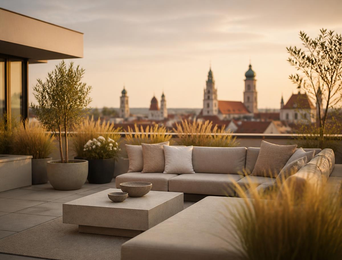 Dachterrasse eines modernen Penthouses mit verschwommener Augsburger Skyline im Hintergrund