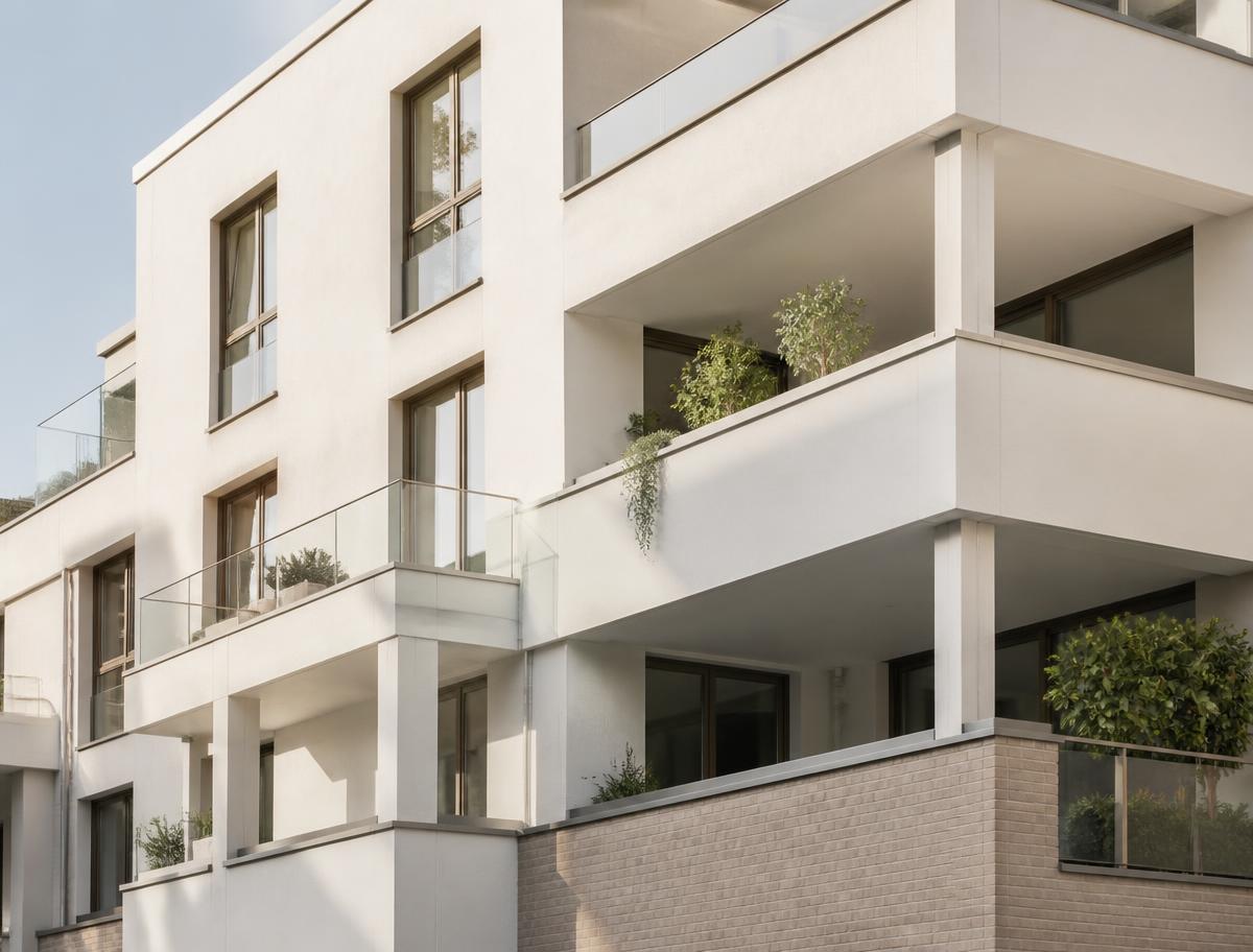 Detailansicht eines modernen weißen Mehrfamilienhauses mit Balkonbepflanzung