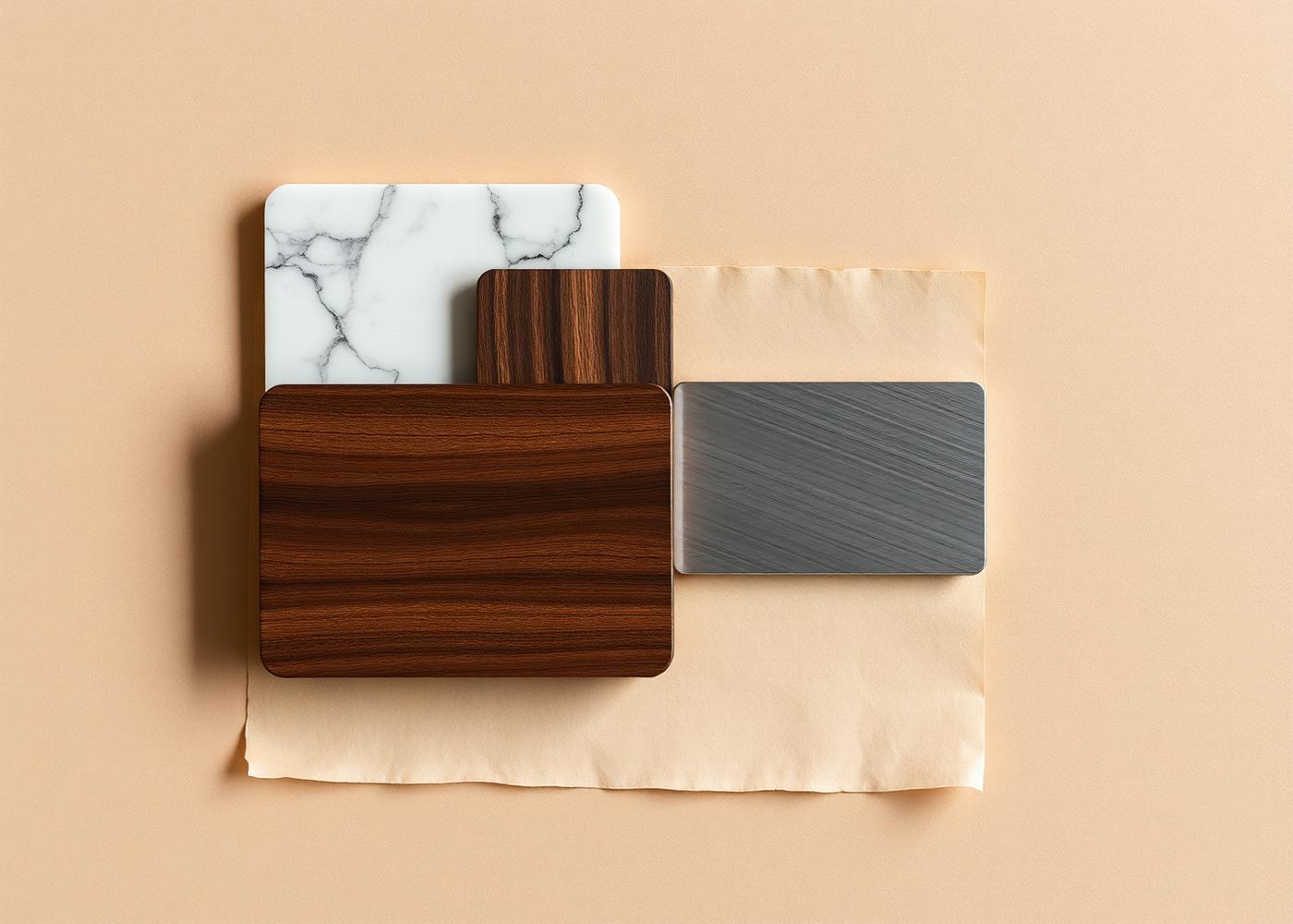 Materialproben aus Marmor, Holz und Metall auf sandfarbener Fläche