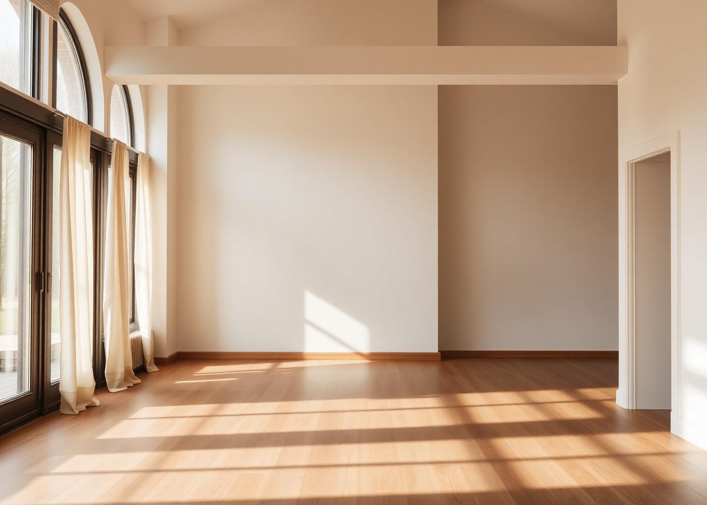 Heller, leerer Wohnraum mit Tageslicht und Holzboden